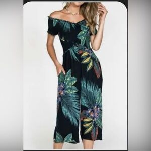 Patrons of Peace Tropical Off-Shoulder Smocked Wide Leg Jumpsuit Jumper Size S
